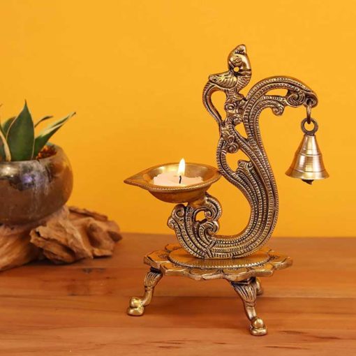 Красиво изготовленная антикварная латунная "Дия" с колокольчиком и попугаем ручной работы