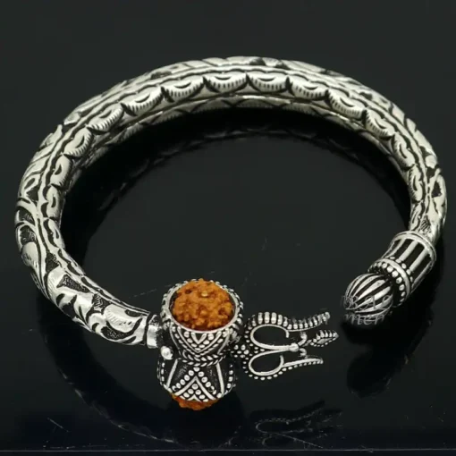 Handcrafted 925 Sterling Silver Bracelet with Lord Shiva's Trident and Natural Rudraksha