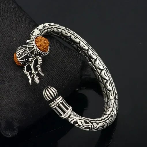 Handcrafted 925 Sterling Silver Bracelet with Lord Shiva's Trident and Natural Rudraksha