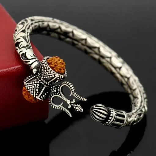 Handcrafted 925 Sterling Silver Bracelet with Lord Shiva's Trident and Natural Rudraksha