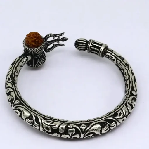 Handcrafted 925 Sterling Silver Bracelet with Lord Shiva's Trident and Natural Rudraksha